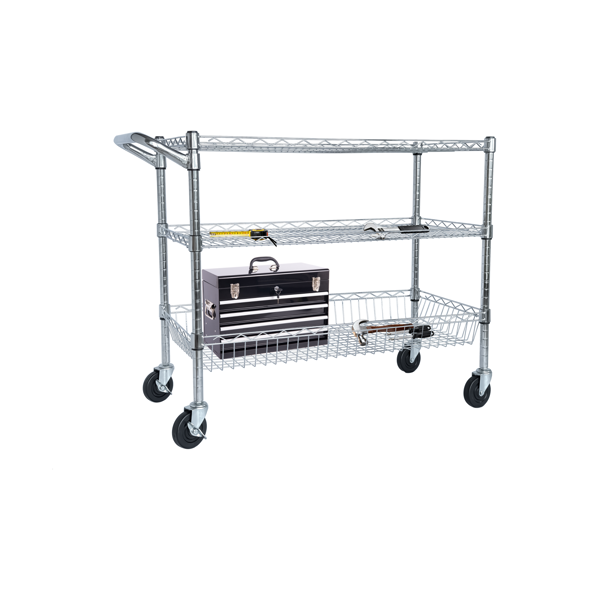 Heavy Duty Rolling Utility Cart,3 Tier Rolling Carts with Wheels,with Handle Bar & Shelf Liners,36"x18"x32"Storage Cart for Kitchen,Restaurant,Plant Display,Chrome