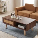 41.3 Inch Rattan Coffee Table with Sliding Storage Door, Rectangle Wooden Accent Center Sofa Table with Solid Wood Legs,Suitable for Living Room,Walnut (Shipment from Walmart) - Image 6