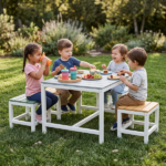 5-piece children's patio table and chair set (1 table + 4 stools), 29.5 inches, blue-khaki, light orange, blue-green color blocking, made of poplar wood - Image 5