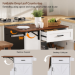 39.3" Farmhouse Kitchen Island with Drop Leaf, Kitchen Storage Island with Open Side Rack, One Drawer, Towel Rack, Rolling Kitchen Cart with Lockable Wheels for Lawn Garden, White - Image 5