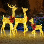 3-Piece Lighted Christmas Reindeer Family Set Outdoor Decorations, Weather Proof 2D Deer Family Set of 3 Christmas Ornament Home Decor Pre-lit 200 LED Warm White Lights with Stakes, Golden - Image 2
