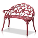 Outdoor Cast Aluminum Patio Bench, Porch Bench Chair with Curved Legs Rose Pattern, Red - Image 11