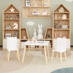 Kids Table and 2 Chairs Set, 3 Pieces Toddler Table and Chair Set, Wooden Activity Play Table Set (White) - Image 16