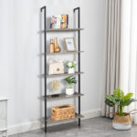 5-Shelf Wood Ladder Bookcase with Metal Frame, Industrial 5-Tier Modern Ladder Shelf Wood Shelves,Gray