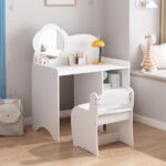 Kids Vanity Table with Mirror and Chair, Wooden Children's Dressing Makeup Desk with Storage Shelves, Study and Activity Table for Girls and Boys, Playroom Bedroom Furniture - White - Image 13