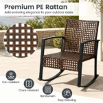 3-Piece Outdoor PE Rattan Rocking Chair Conversation Set with 2-Tier Glass Coffee Table, Heavy Duty Metal Frame Patio Rockers with Zipper Removable Gray Cushions & Back Pillows Mixed Brown Wicker for Backyard Porch Poolside - Image 6