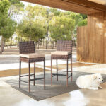 Set of 2 Patio Wicker Barstools, Outdoor Bar Height Chairs with Seat Cushions & Footrests for Patio Porch Backyard Living Room Balcony, Brown Gradient Rattan & Beige Cushion - Image 15