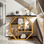 39.5" Modern Sofa Table with 4-Tier Storage, Black & Gold Console Table with Faux Marble Top for Living Room Entryway - Image 6