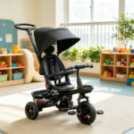 Black Foldable Toddler Trike 1-5Y – Travel-Friendly with Storage, Reversible Seat, Safety Harness for Road Trips - Image 4