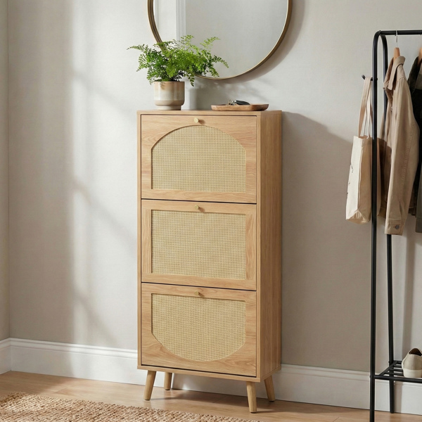 Rattan-fronted 3-tier shoe cabinet, particleboard, 54*24*135 cm, natural wood color