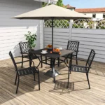 5‑Piece Outdoor Patio Dining Set, 4 Metal Chairs (350 lbs Capacity), 37.8" Square Wood‑Grain Metal Table w/ Umbrella Hole,Rustproof, Ergonomic Slat Design, 30‑Min Quick Assembly, Ideal for Garden - Image 12