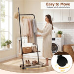 Industrial Rolling Clothing Rack with 2 Wooden Shelves & Hooks, Freestanding Garment Rack for Bedroom Entryway - Image 10