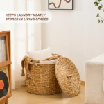 145L Round Laundry Hamper with Lid, Woven Natural Water Hyacinth Laundry Hamper - Image 6