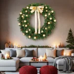 48in Pre-lit Christmas Wreath, Lighted Artificial Xmas Wreath with 150 Warm White Lights and 450 PVC Tips and DIY Ornaments, for Front Door Gate Wall Xmas Party Decorations, Light Green & Golden - Image 7