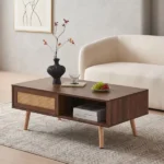 41.3 Inch Rattan Coffee Table with Sliding Storage Door, Rectangle Wooden Accent Center Sofa Table with Solid Wood Legs,Suitable for Living Room,Walnut (Shipment from Walmart) - Image 5