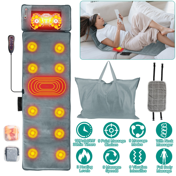 Full Body Massage Mat with Neck Kneading Massager - 10 Targeted Points + 3-Level Lumbar Heating, 9 Vibration Modes/9 Speeds, 20-Node Neck Massage (Heating + 3 Modes), 10-30min Smart Timer, Anti-Slip B