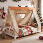 Twin Size Montessori House Floor Bed with Removable Canopy Tent, Solid Wood Kids Bed with Guardrails - White - Image 2