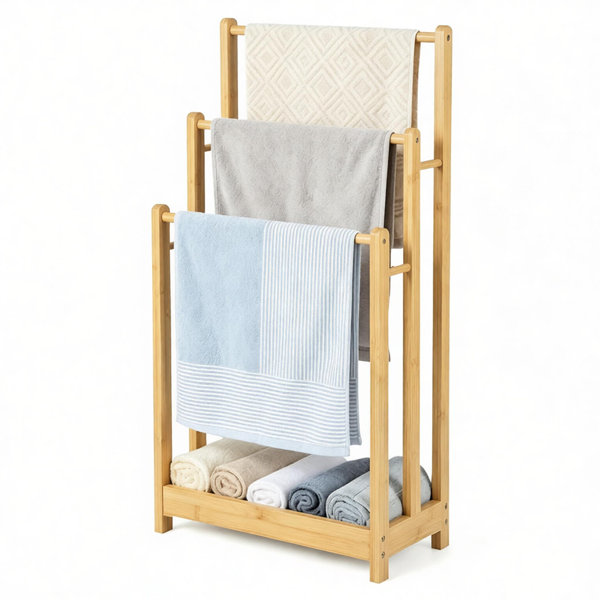 a5741030-7d6f-4c5d-a76f-3cae35681a5b.png Solid Bamboo Freestanding Towel Rack with 3 Staggered Hanging Bars & Slatted Bottom Storage Shelf, Waterproof Bathroom Towel Drying Holder with Side Stabilizer Bars Rounded Edges Natural Wood Finish - Image 1