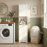 White melamine-faced particleboard, vertical grain, 40*40*180cm, 1 door + bottom flip-down drawer with non-woven storage bag, bathroom tall cabinet - Image 8