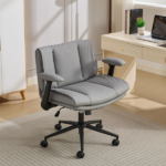 Cross Legged Chair with Flip-Up Armrests Leather, Cross Legged Office Chair on Wheels, Comfy Swivel Chair with Wide Seat for Home Office, Vanity, Ergonomic Desk Chair Adjustable, Grey - Image 7