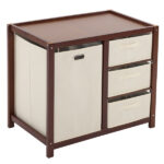 Brown painted pine wood frame children's bed with removable top, 87*53*87.5cm, includes 3 fabric drawers and 1 fabric bag, and a changing table - Image 4