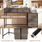5 Drawer Computer Desk with Reversible Drawers & Printer Shelf, Industrial Home Office Writing Desk with Metal Frame - Oak - Image 7