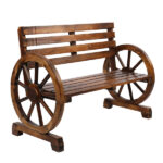 Replace 28138436 Rustic 2-Person Wooden Wagon Wheel Bench with Slatted Seat and Backrest, Brown - Image 9