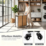 Compact Rolling Bamboo Laundry Hamper with Lid, 2 Sorting Compartments Removable Oxford Liner Bags 360° Lockable Wheels Metal Frame Under Counter Clothes Sorter - Natural Black - Image 3