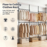 No Drill Floor to Ceiling Tension Clothes Rack, Heavy Duty Carbon Steel Garment Organizer with 4 Vertical Rods 6 Telescopic Hanging Bars, I/L/45° Corner Install Closet System with Drying Rack & Reacher Pole Black - Image 5