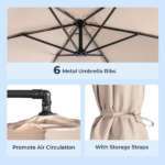 10FT Round Offset Patio Umbrella, Banana Hanging Cantilever Umbrella with 60° Adjustable Angle, Crank System, Cross Base & Pole Sleeve, UPF 50+ Waterproof Polyester Canopy, 6 Iron Ribs for Garden Deck Backyard, Khaki - Image 21