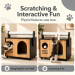 Wooden Cat Cave House with Dual-Use Sisal Scratching Post Handle, Engineered Wood Indoor Cat Condo with Hanging Bell Ball Removable Washable Cushion Anti-Scratch Foot Pads for Small Medium Cats Natural Black - Image 5