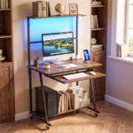 Mobile Rolling Computer Desk with RGB LED Lights & Built-in Charging Station, Multi-Tier Storage Workstation with Keyboard Tray - Image 2