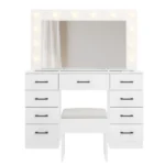 Vanity Desk Set with Large Lighted Mirror and Powre Outlet, Glass Top Makeup Vanity with 9 Drawers, Vanity Table with 12 LED Lights, 3 Lighting Color Adjustable, White - Image 2