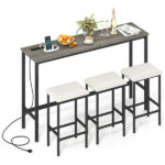 4 Piece Counter Height Bar Table Set with Charging Station & USB Ports, Gray Pub Table with 3 Stools