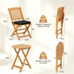 3 Pieces Foldable Acacia Wood Patio Bistro Set, Outdoor Round Table & 2 Ergonomic Chairs with Removable Black Cushions for Balcony Backyard - Image 10