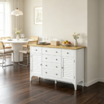 White Adjustable Shelves Sideboard – Buffet Cabinet with Storage Drawers, Rubber Wood Top Coffee Bar - Image 5