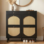 Rattan shoe cabinet with 2 drawers and 4 flip-tops, made of particleboard, 105*24*110cm, black - Image 5