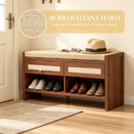 Brown 3-Tier Shoe Storage Bench – Cushioned Seat, 2 Rattan Drawers and Bottom Open Shelf - Image 7