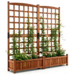 Rustic Brown Elevated Planter with Lattice Trellis, Dual Large Planting Boxes with Drainage System for Vining Flowers Vegetables Balcony Decor