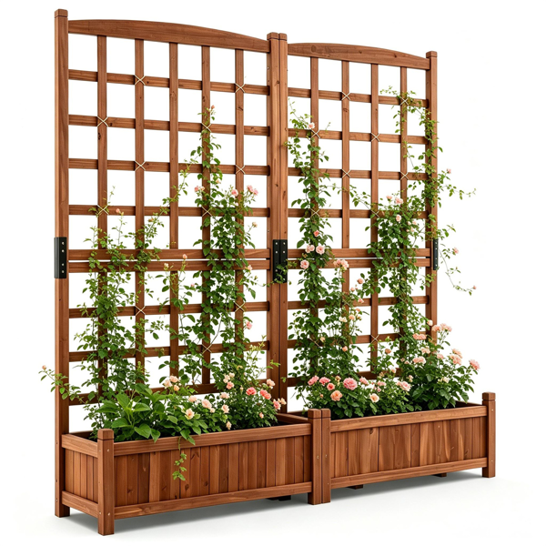 Rustic Brown Elevated Planter with Lattice Trellis, Dual Large Planting Boxes with Drainage System for Vining Flowers Vegetables Balcony Decor