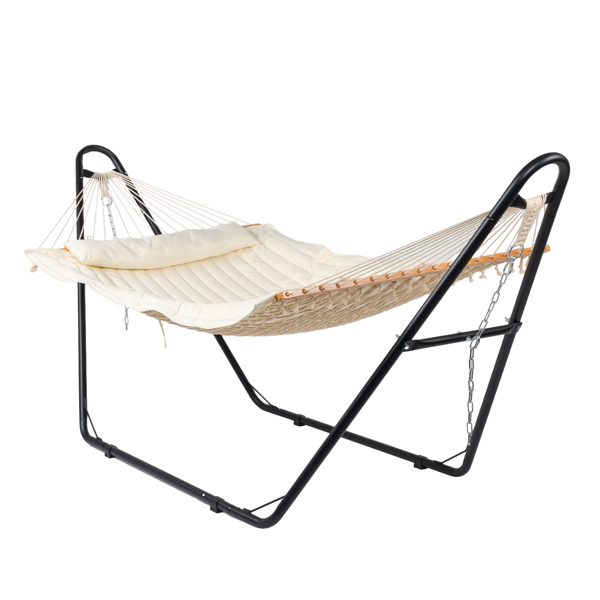 Hammock with Stand, Double-Barrel Hammock with Hammock Bed, Heavy Duty Adjustable Hammock Set for Outdoors, Patio, Yard, Garden, Beige