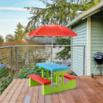 Children Outdoor Picnic Table Set with Foldable UV Protection Umbrella, Lightweight PP Kids Activity Table for Playing Eating -Green - Image 2