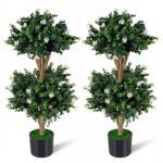 51" Artificial Boxwood Topiary Tree with 59 Flowers, Realistic Faux Evergreen Plant - White - Image 13