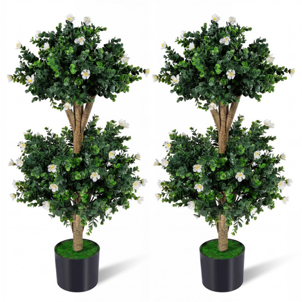 Set of 2 36" Artificial Boxwood Topiary Trees with Flowers, Indoor Outdoor Faux Plants