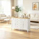White Adjustable Shelves Sideboard – Buffet Cabinet with Storage Drawers, Rubber Wood Top Coffee Bar - Image 6