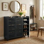 Shoe cabinet with 2 doors, 5 open compartments, and a tabletop with a back panel; made of MDF; 116*35.5*107cm; black