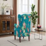 Modern Accent Chair with Retro Wood Legs, Comfy Upholstered Armchair, Floral Design Single Sofa Chair for Living Room Bedroom Office - Floral Cyan - Image 22