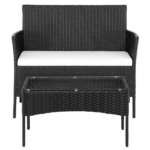 2pcs Arm Chairs 1pc Love Seat & Tempered Glass Coffee Table Rattan Sofa Set Black - Image 59