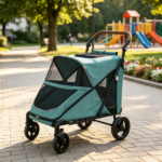 66 LBS Capacity Teal Pet Stroller – for Large Dogs, All-Terrain Spring Suspension, 8-Position Adjustable Handle - Image 4