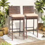 Set of 2 Patio Wicker Barstools, Outdoor Bar Height Chairs with Seat Cushions & Footrests for Patio Porch Backyard Living Room Balcony, Brown Gradient Rattan & Beige Cushion - Image 16